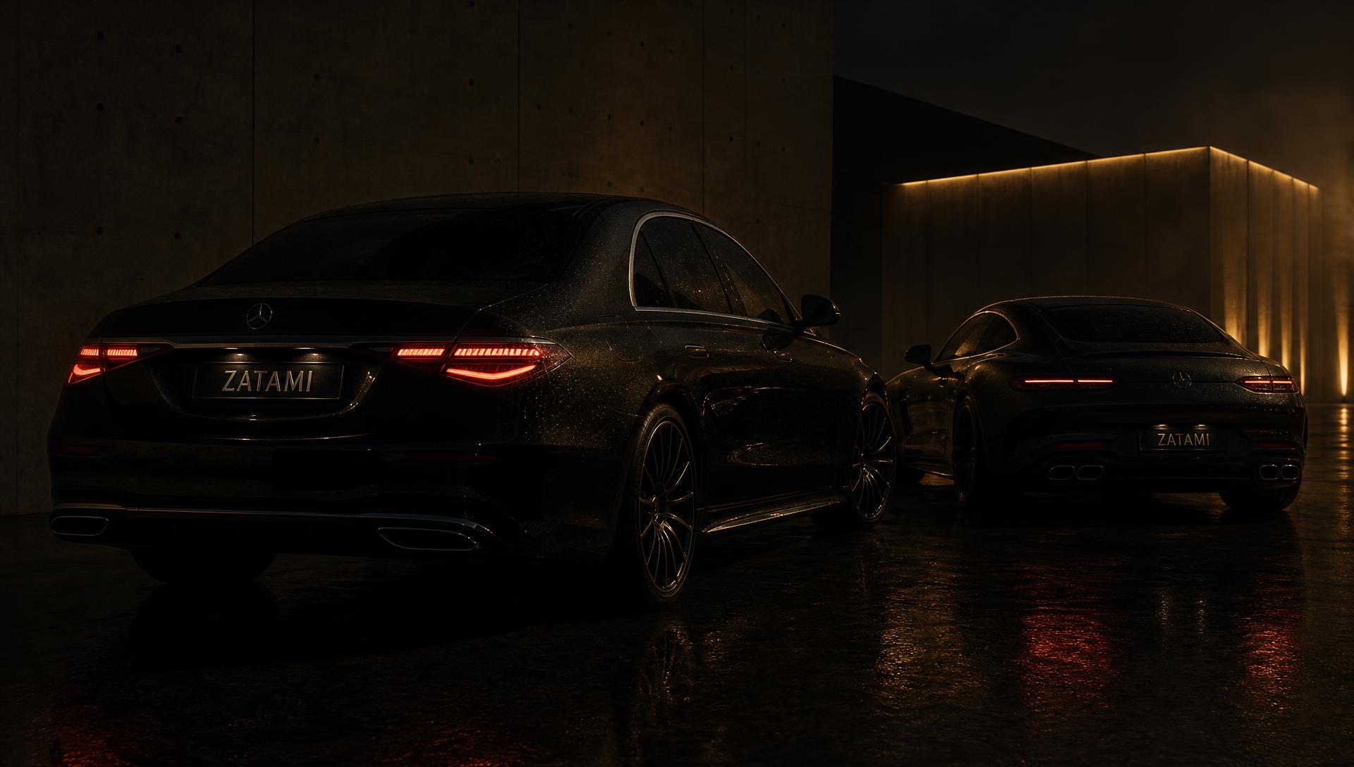 Two premium luxury cars in a dark studio, each with a Zatami number plate